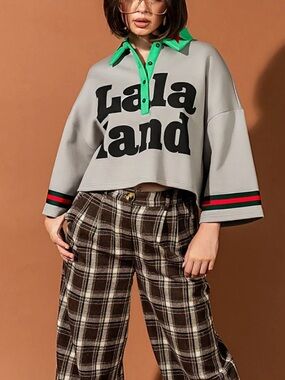 Dressed in lala Team Lalaland Cropped Polo Gray Graphic Crop Polo ,3X